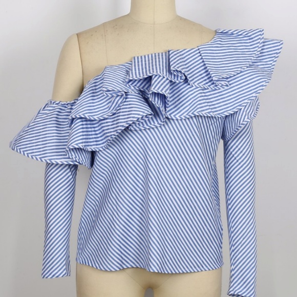 Blue & White Striped Frill Blouse Summer Top - Picture 4 of 6